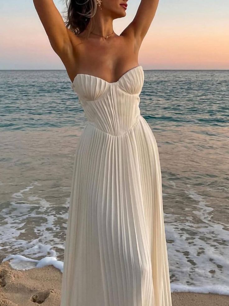 Elegant Pleated Strapless Maxi Dress – Likemychoice Ball Inspiration, Robes Glamour, Beach Holiday Dresses, White Prom Dress, Strapless Maxi, Strapless Maxi Dress, Feminine Aesthetic, Maxi Dress Party, Rehearsal Dinner