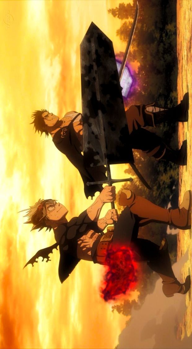 two anime characters standing next to each other in front of an orange sky and fire