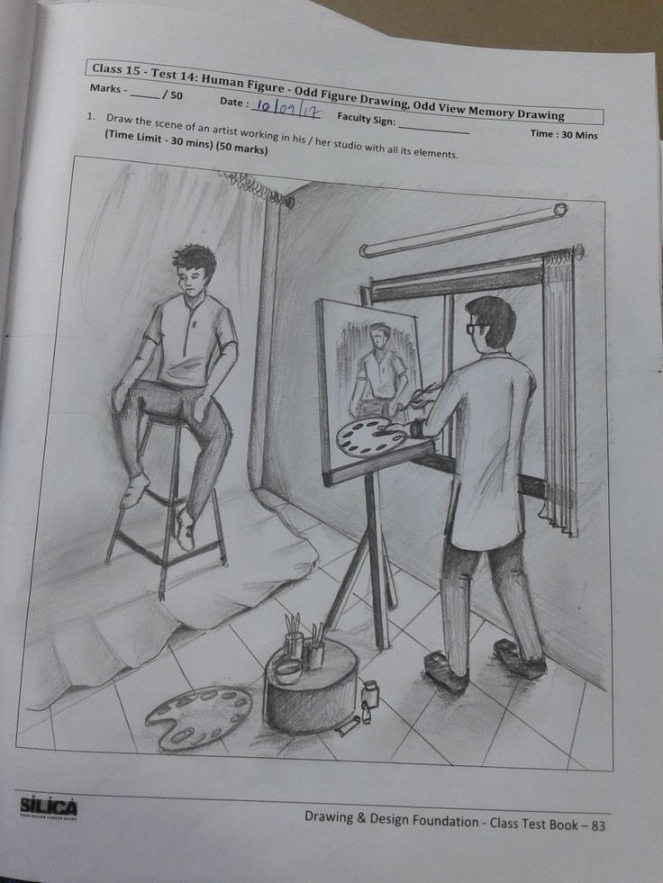 a drawing of two people standing in front of a easel