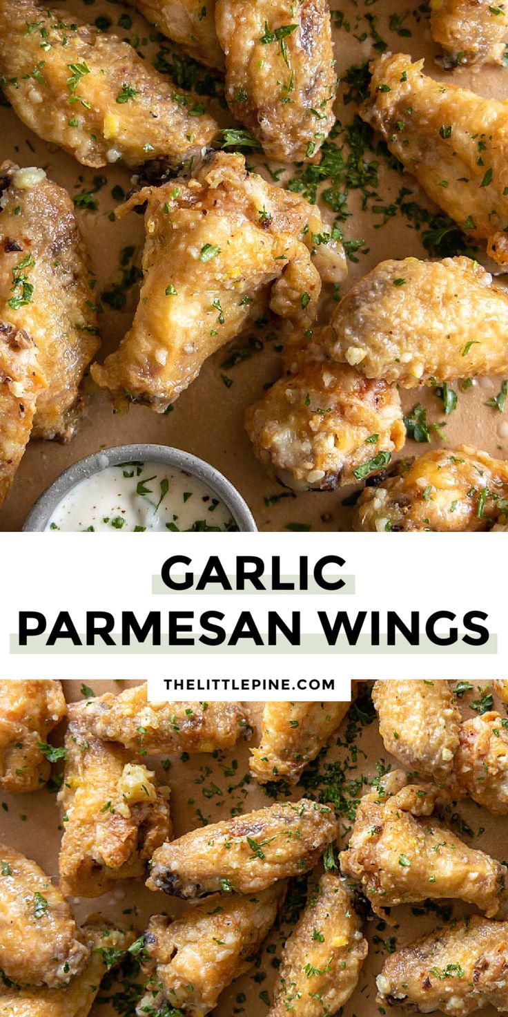 garlic parmesan wings with ranch dressing in the middle and text overlay that reads garlic parmesan wings