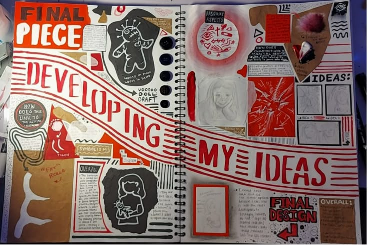 an open book with various stickers and pictures on the pages that read, final piece developing my ideas