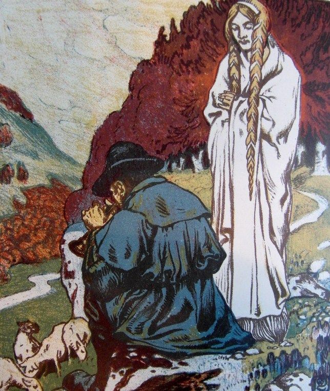 an image of a woman with long hair standing next to a man on a hill