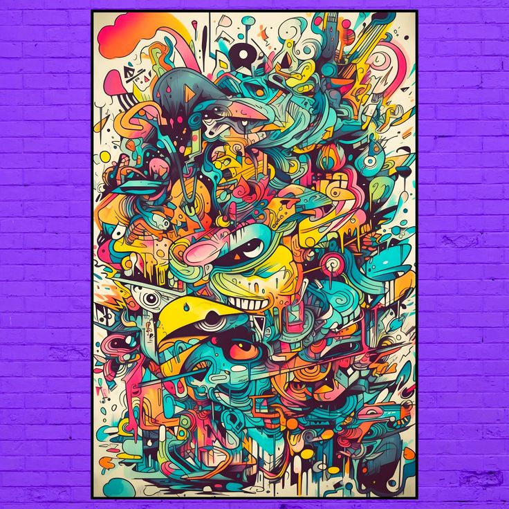 an abstract painting on a purple brick wall