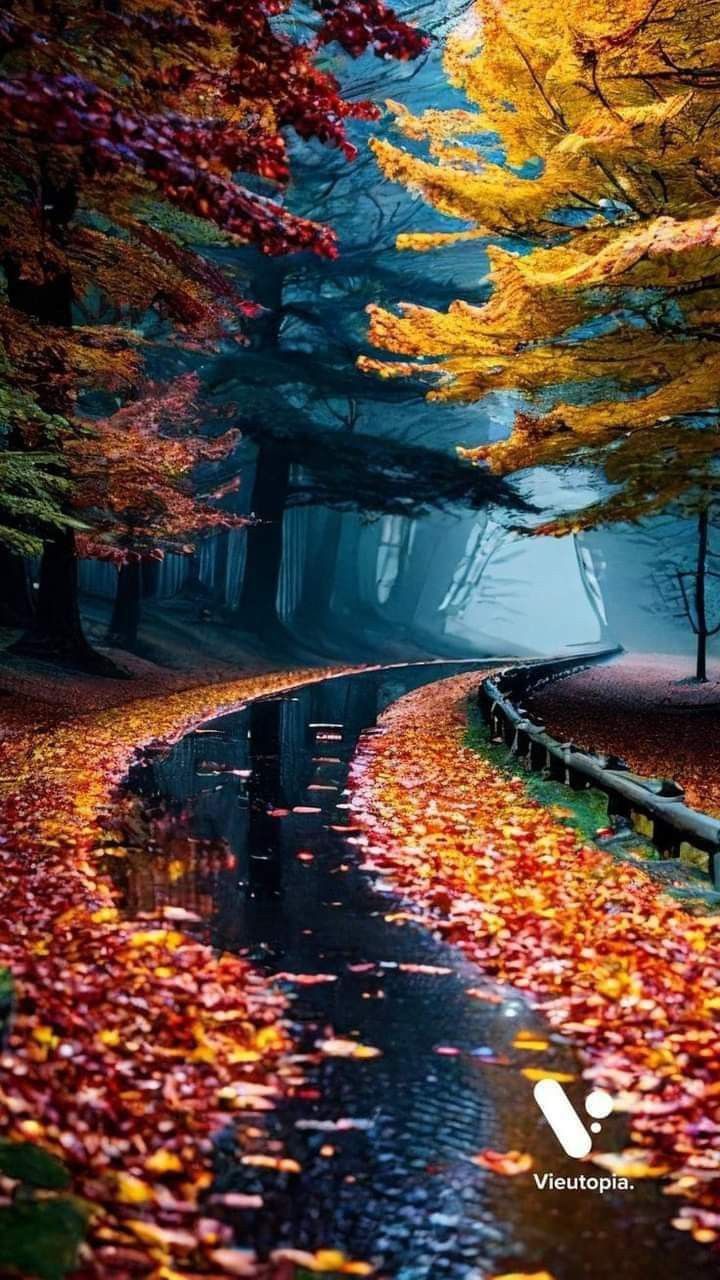 an autumn scene with trees and leaves on the ground in front of a road that is surrounded by water