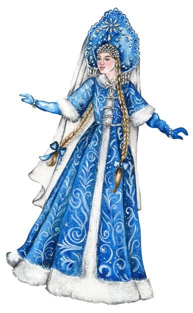 a drawing of a woman dressed in blue and white with her hands out to the side