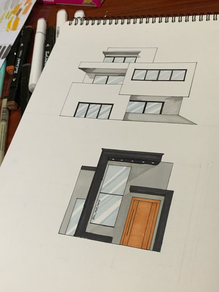 Architecture drawing with marker pen Architecture Simple Drawing, Architecture Sketch Simple House, Design School Portfolio, Architecture Drawing Simple, Modern Astethic, Interior Design Drawings For Beginners, Simple Architecture Drawing, House Sketch Architecture, Architecture Plates