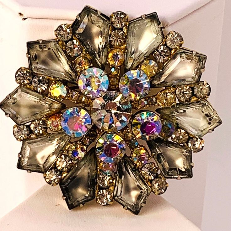 Vintage Large Brooch Rhinestones Aurora Borealis Gold Tone Setting Statement In Great Preowned Condition. Measures Approx 2 X 2 X .5 Inches. Pin0414 Multi Strand Bracelet, Black Rhinestone, Vintage Costume Jewelry, Vintage Yellow, Clear Rhinestones, Aurora Borealis, Vintage Costumes, Multi Strand, Beautiful Bracelet