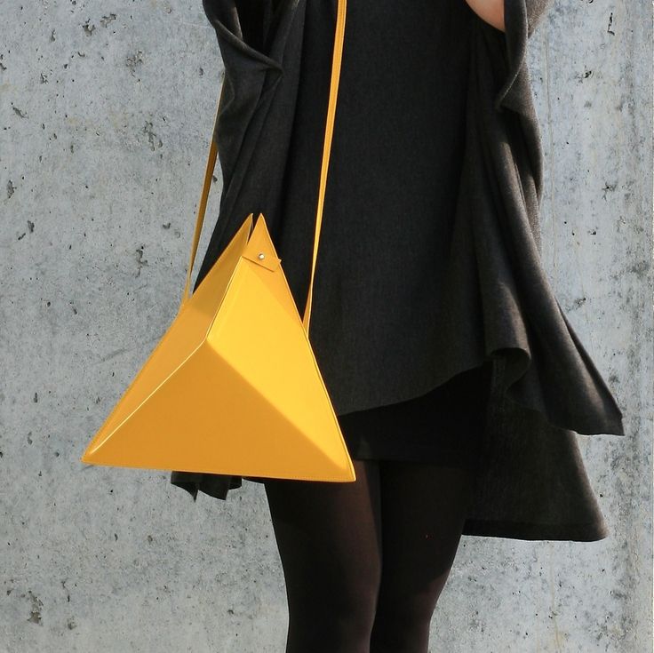 Triangle Bag | by IF irinaflorea | geometric | minimalist | leather | yellow  | https://www.facebook.com/irinafloreadesign/ Geometric Clothes, Minimalist Bags, Be Minimalist, Geometric Purse, Geometric Accessories, Yellow Triangle, Geometric Fashion, Triangle Bag, Minimalist Bag