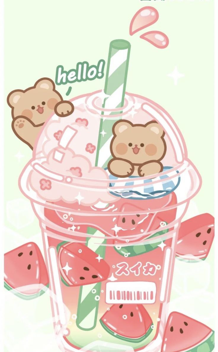 a cup filled with watermelon and teddy bears