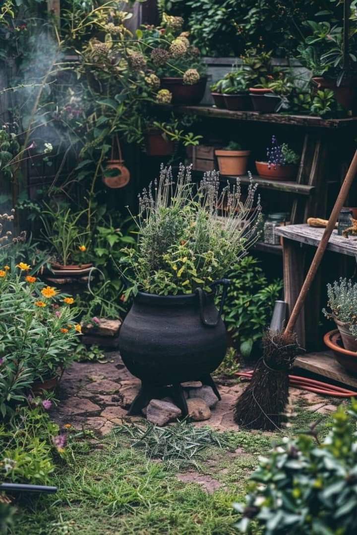 Green Witch Cottage Aesthetic, Outdoor Cauldron Ideas Halloween, Witch Patio Decor, Witches Herb Garden, Garden Cauldron, Goth Garden Decor, Witchy Garden Ideas, Witchy Garden Aesthetic, Outdoor Witch Decor