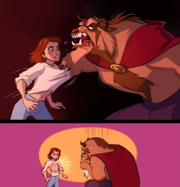 the beauty and the beast cartoon is shown in two separate panels