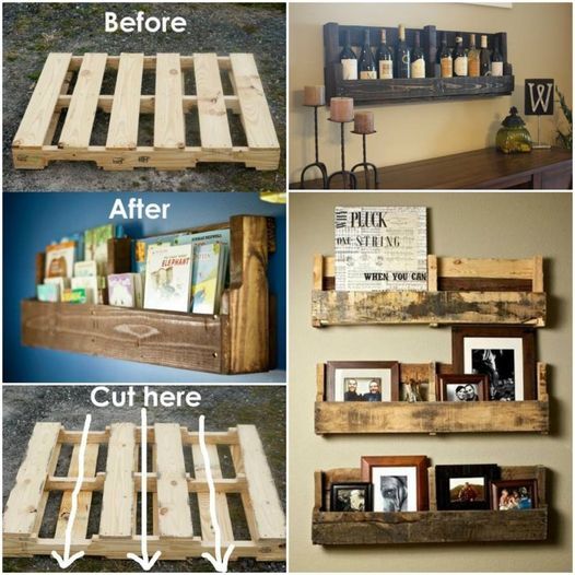 several different ways to make pallet shelves with pictures and frames on the top one