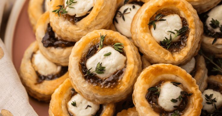 small pastries are piled on top of each other with cream cheese and black olives