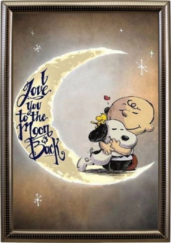 snoop and daisy kissing on the moon with stars in the sky behind them, as well as an i love you to the moon and back message