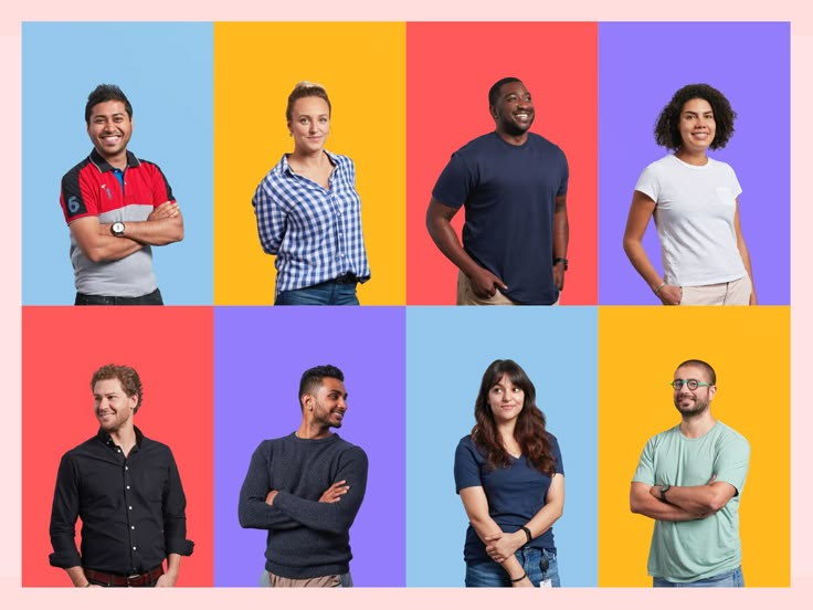 a group of people standing in front of different colored squares with their arms crossed and looking at the camera