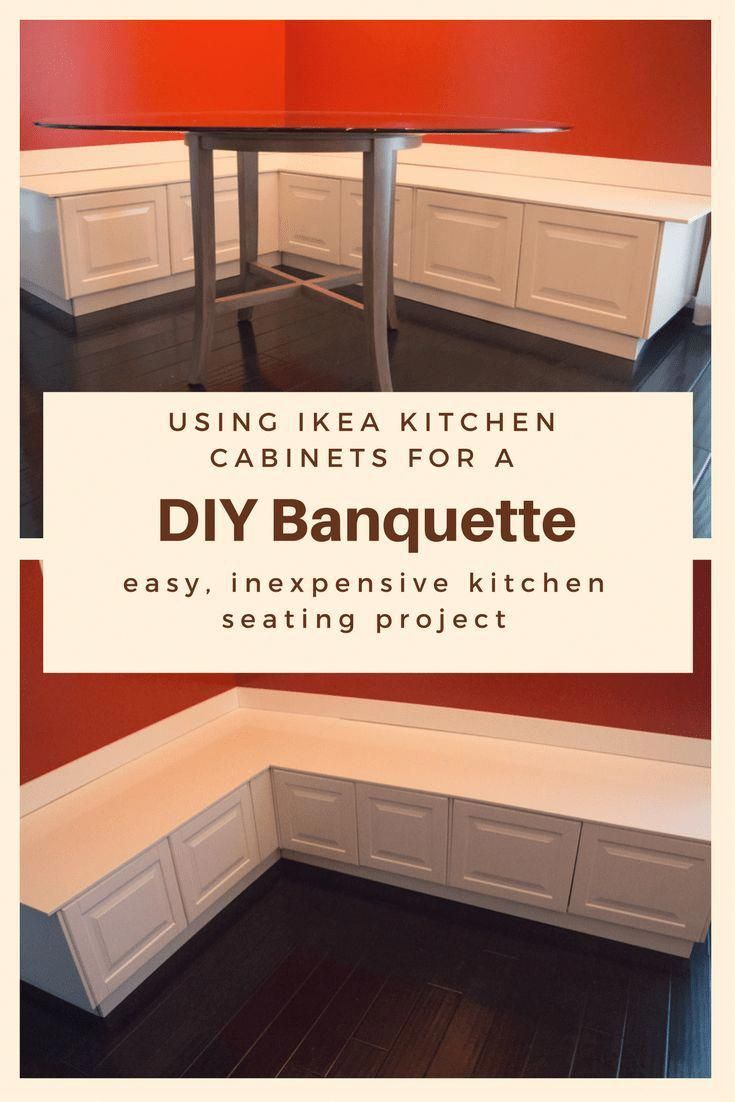 an image of kitchen cabinets with text overlay that reads using ikea kitchen cabinets for a diy banquet