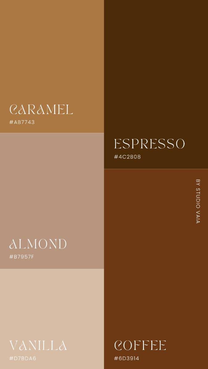 four different shades of coffee with the words espresso, almond and vanilla on them