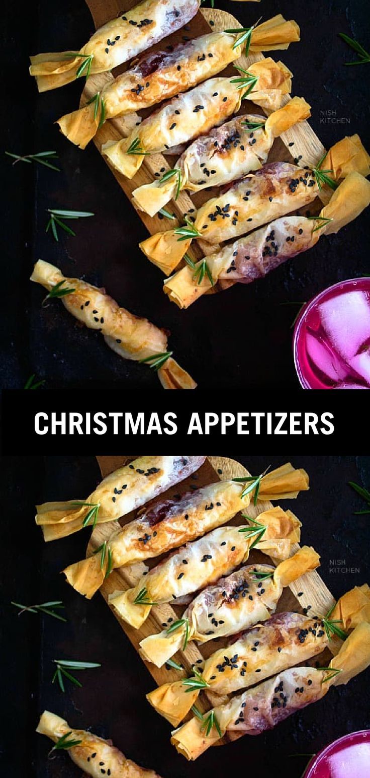 christmas appetizers are served on sticks with rosemary garnishes and sauces