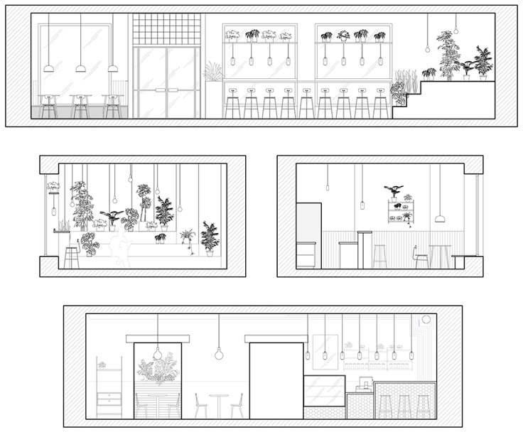 the floor plan for an apartment with three levels and four rooms, all in black and white