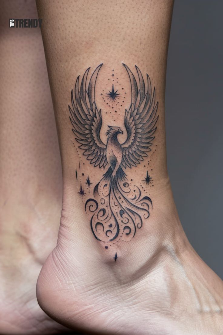 Phoenix rising from ashes tattoo on the ankle Tattoos Phoenix Rising, Ankle Phoenix Tattoo, Phoenix Tattoo For Women Leg, Phoenix Moon Tattoo, Phoenix Rising Tattoo Feminine, Phoenix Rose Tattoo, Rise From The Ashes Tattoo, Phoenix Tattoo Feminine Thigh, Phoenix Tattoo Feminine Small For Women