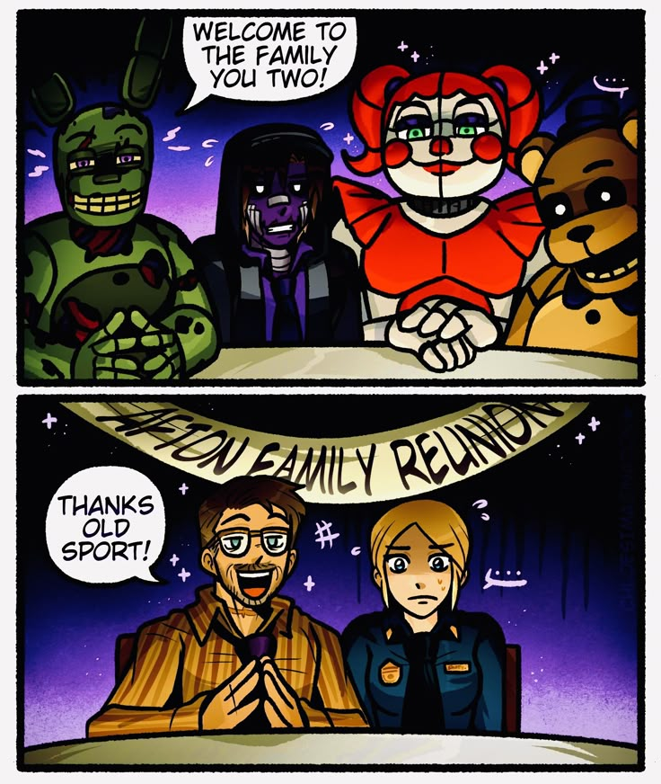 two comic panels with cartoon characters in the background and one has a clown on it