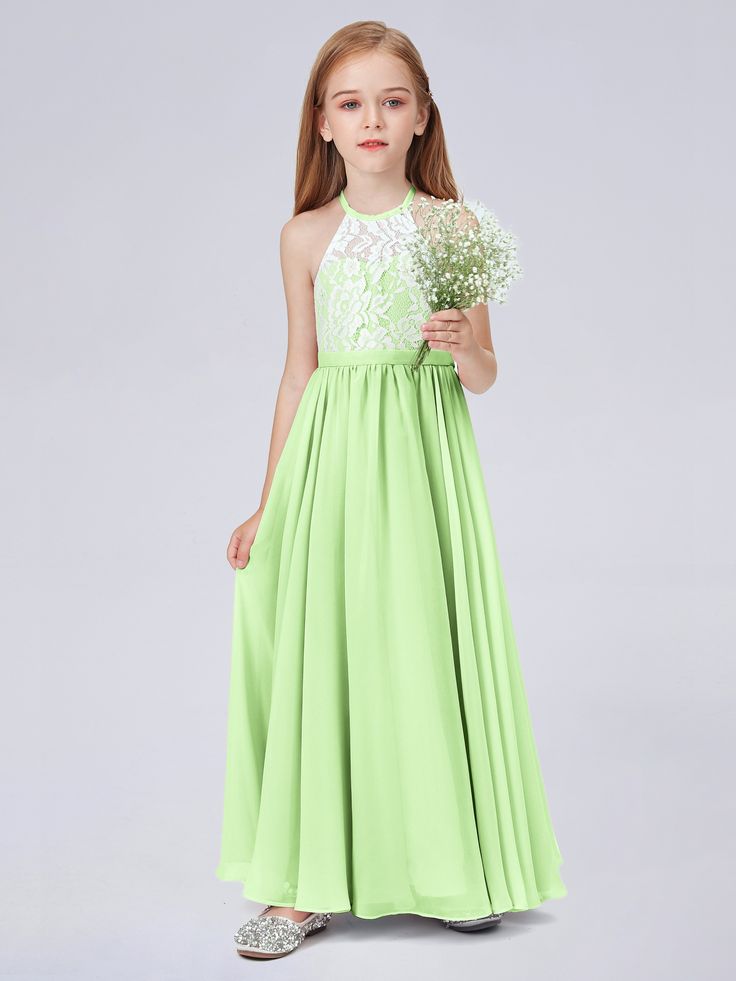 Description: Halter Lace Junior Bridesmaid Dress Details: Silhouette: A-line Fabric: Chiffon & Lace Neckline: Halter Sleeve Length: Sleeveless Embellishment: Pleated Floor-length chiffon dress. With padding and boning. Available in full-size range (J4-J16) and in custom size Ask a question Jr Bridesmaid Dresses, Young Bridesmaid Dresses, Marigold Bridesmaid Dress, Orchid Bridesmaid Dresses, Mint Green Bridesmaid Dresses, Bridesmaid Dresses Dusty Sage, Turquoise Bridesmaid Dresses, Dress Georgette, Dark Navy Bridesmaid Dresses