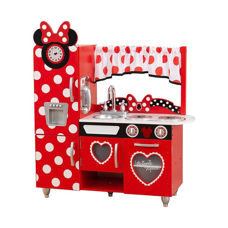 a red and white toy kitchen with minnie mouse