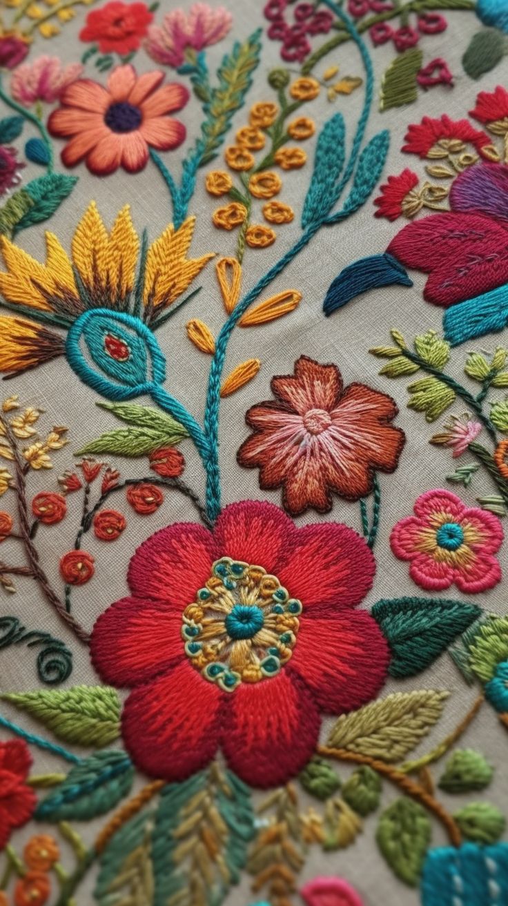 an embroidered fabric with colorful flowers and leaves on the front, along with other floral designs