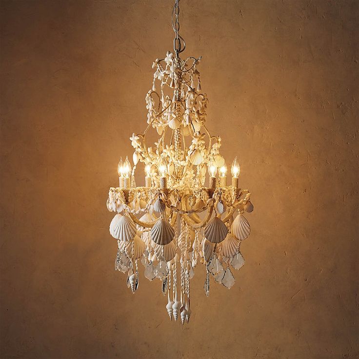 a chandelier with shells hanging from it's sides and two lights on each side