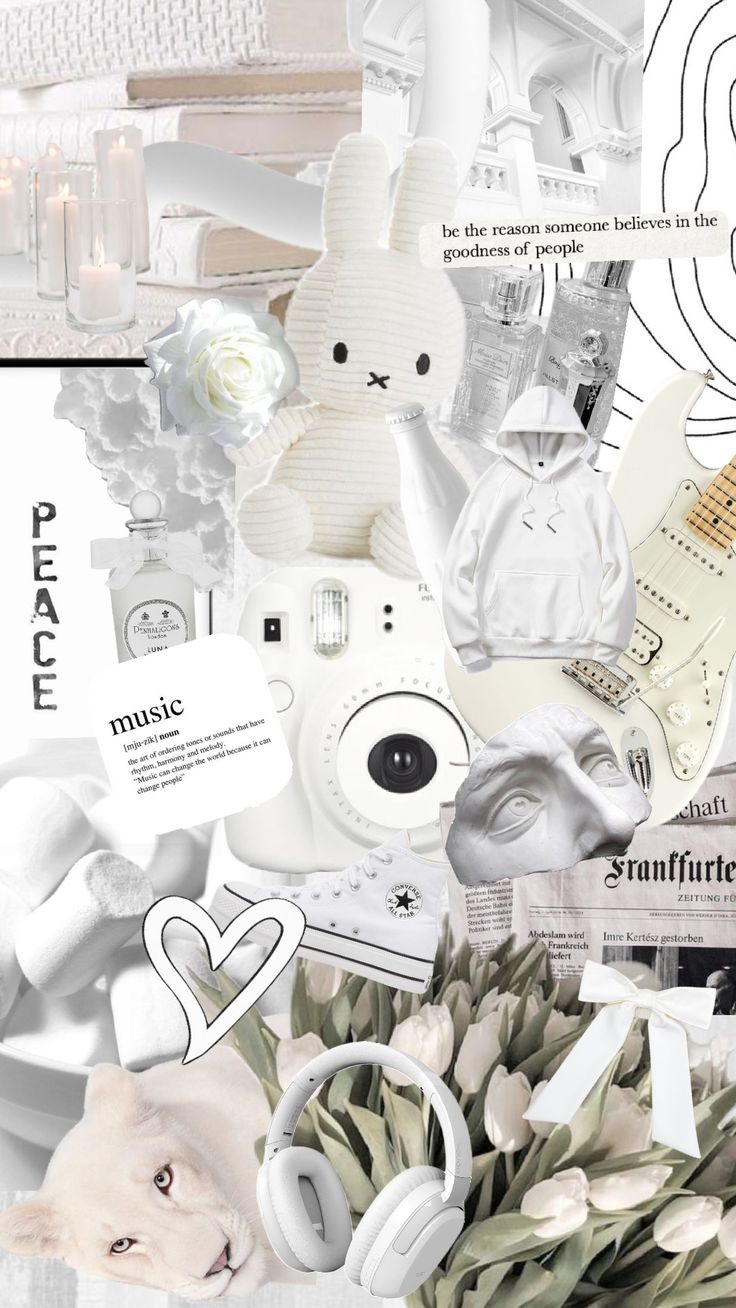 the collage is full of white objects and things that are all around it, including flowers