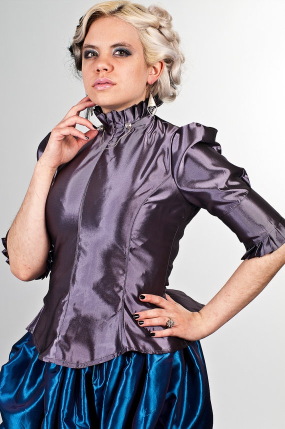 Steampunk Blouse Dark Lavender with High Neck and by KMKDesignsllc, $115.00 Satin Top With Spread Collar And Button Cuffs, Purple Blouse With Ruffled Collar, Collared Purple Blouse With Button Closure, Purple Tops With Ruffles And Ruffled Collar, Purple Collared Blouse With Button Closure, Steampunk Blouse, Steampunk Clothes, Dark Lavender, Victorian Blouse