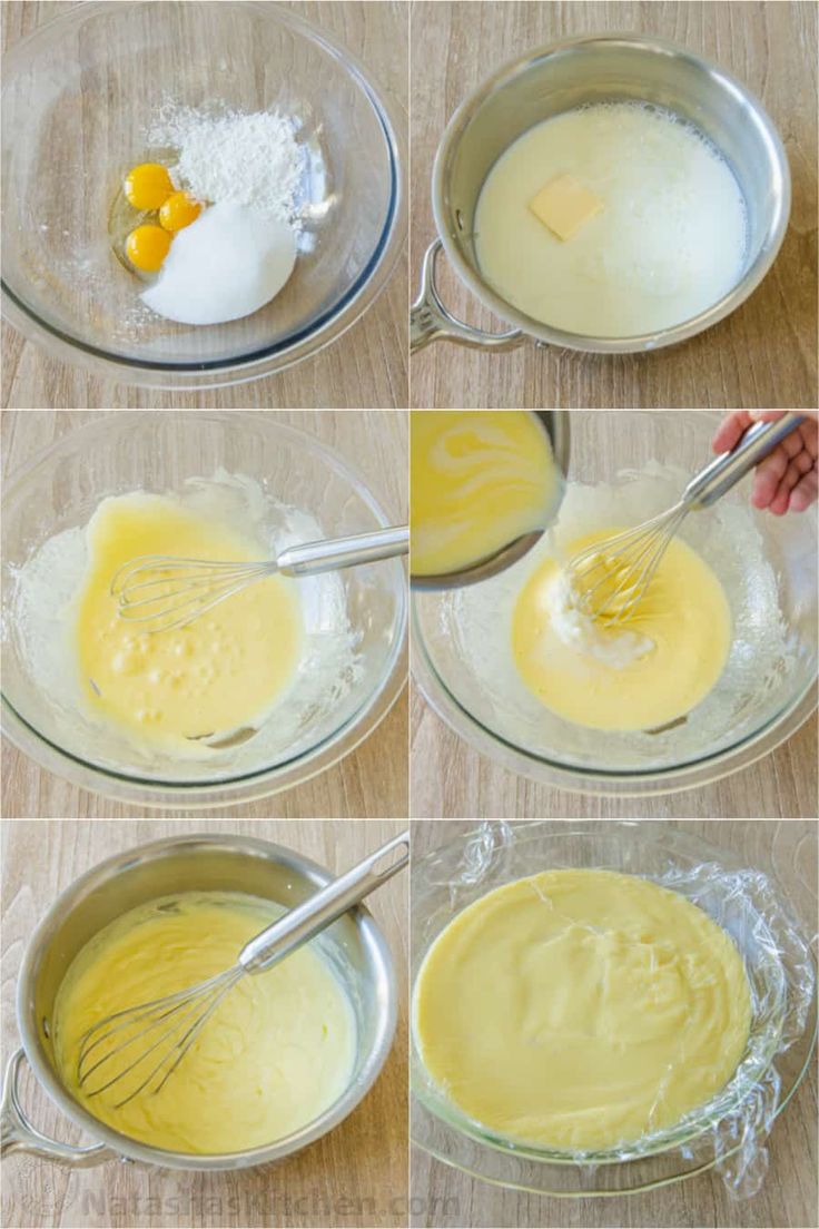 four pictures showing how to make batter in a bowl