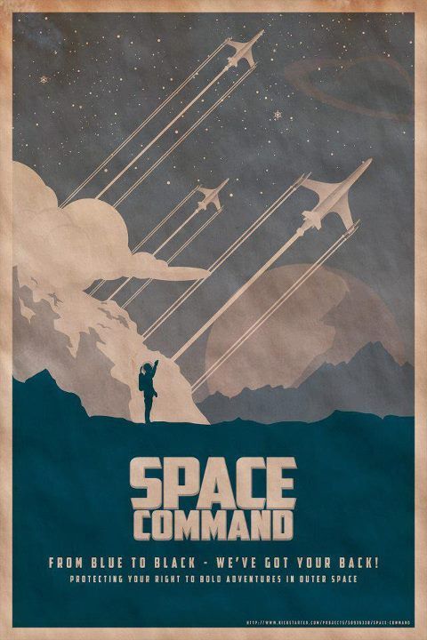 the poster for science fiction film, featuring an astronaut and space shuttles flying over mountains