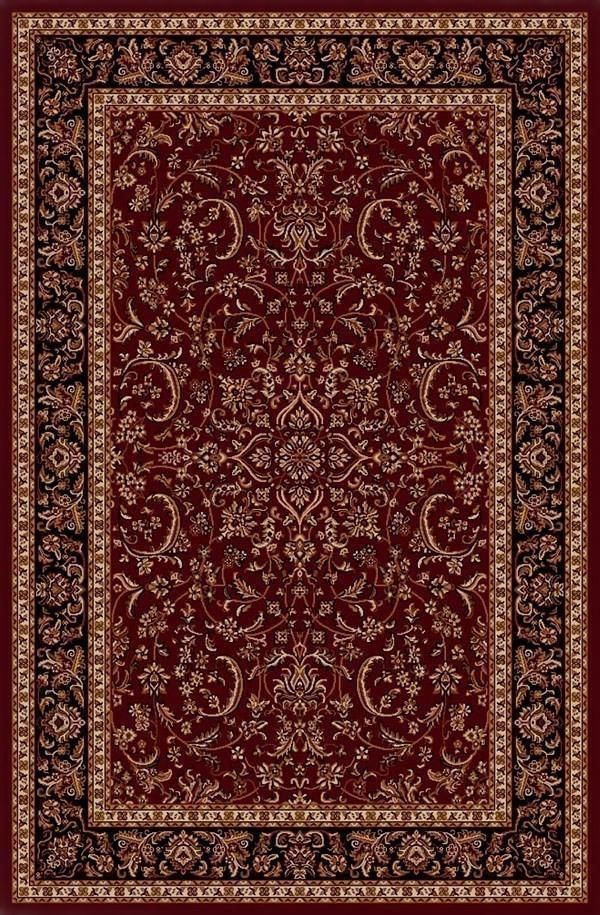 a red and black rug with an ornate design