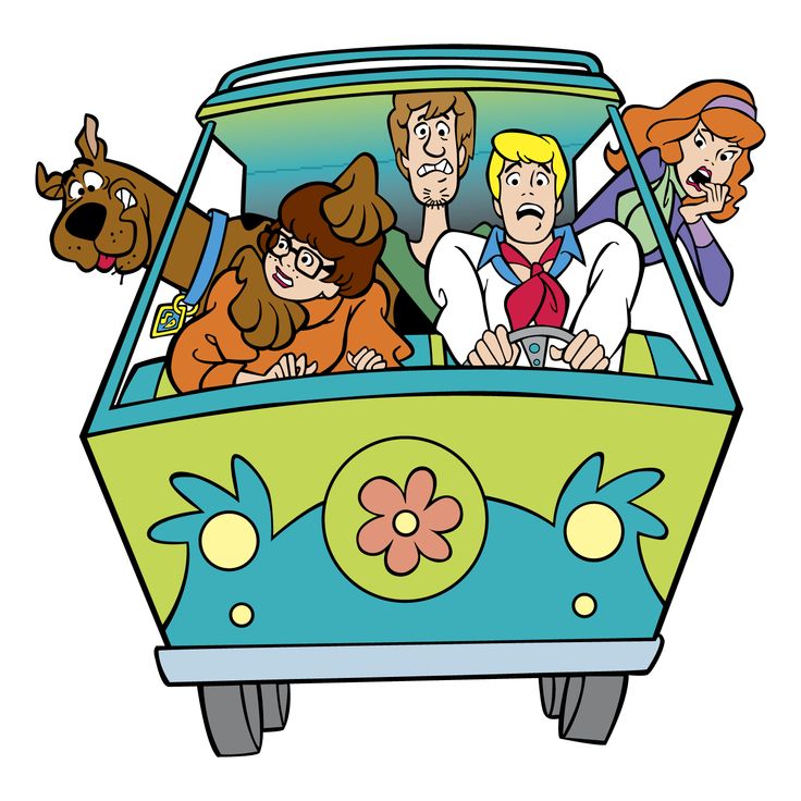 the cartoon family rides in a car with their dog and cat on it's back