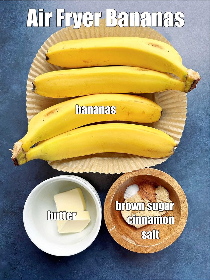 bananas and butter are shown on a paper plate with the words air fryer bananas