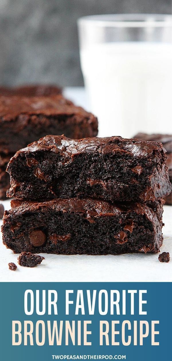 chocolate brownies stacked on top of each other with the words our favorite brownie recipe