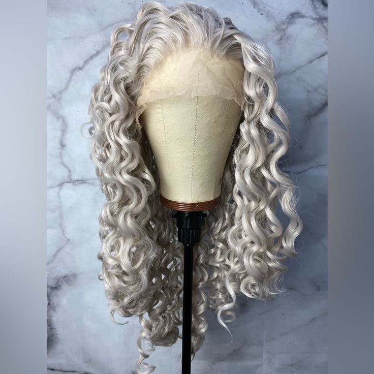 Hair Length: 24 Inches Hair Style: Long Curly Hair Color: Silver Grey Hair Density: 150% -180% Hair Material: 100% High Quality Heat Resistant Synthetic Hair Cap Size: Medium Net Size, Average 22.75” Silver Gray Human Hair Wigs, Long Curly Hair Color, Style Long Curly Hair, Grey Lace Front Wig, Color Wigs For Black Women, Hair Color Silver, Wig Grey, Silver Wig, Blonde Weave