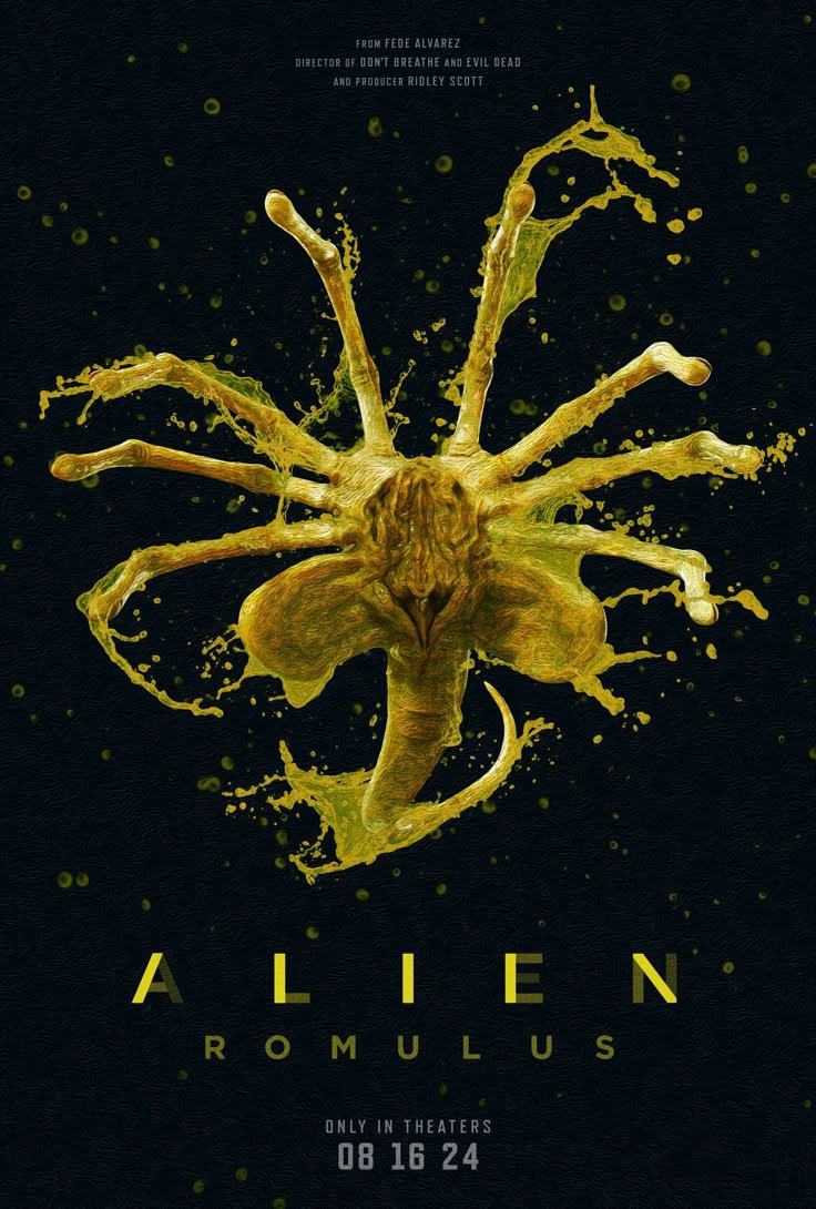 the poster for alien, featuring an image of a yellow spider