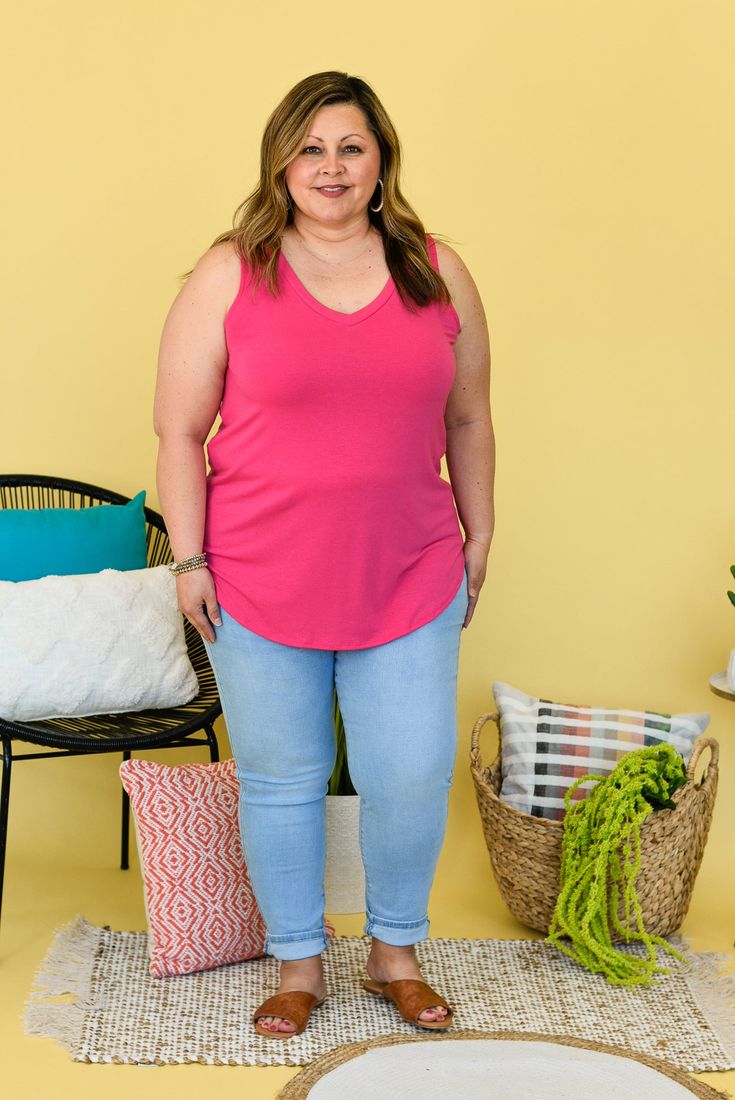 A basic tank is a must have for spring and summer, and Emely is the perfect one. This soft v-neck tank has a round hem and is super stretchy. It's great on its own or layered under a kimono. April and Kristen are both wearing a 1X. View Model Stats HERE. • V-neck • Round Hem • Soft • Great Stretch • 57% Polyester 38% Rayon 5% Spandex Length Bust 1X 28 42 2X 28.5 44 3X 29 46 Pink Tank Top For Summer, Pink Tank Top For Everyday Spring Wear, Versatile Pink Tank Top For Summer, Pink Summer Tank Top, Spring Stretch V-neck Top For Everyday, Pink Versatile Summer Tank Top, Versatile Pink Summer Tank Top, Spring Pink Everyday Tank Top, Everyday Pink Spring Tank Top