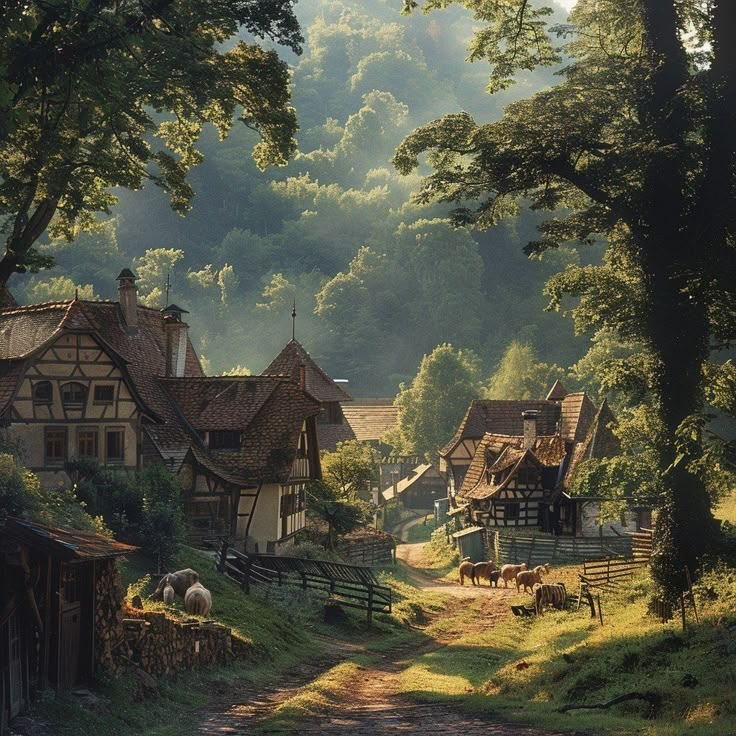 an old village in the mountains with sheep grazing on the grass and trees around it