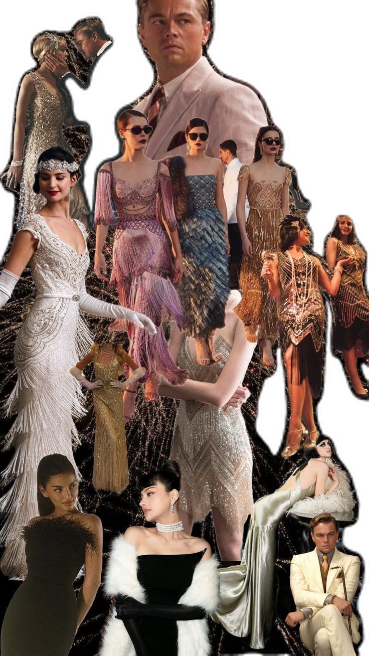 a collage of people dressed up in flappers, dresses and fur stoles