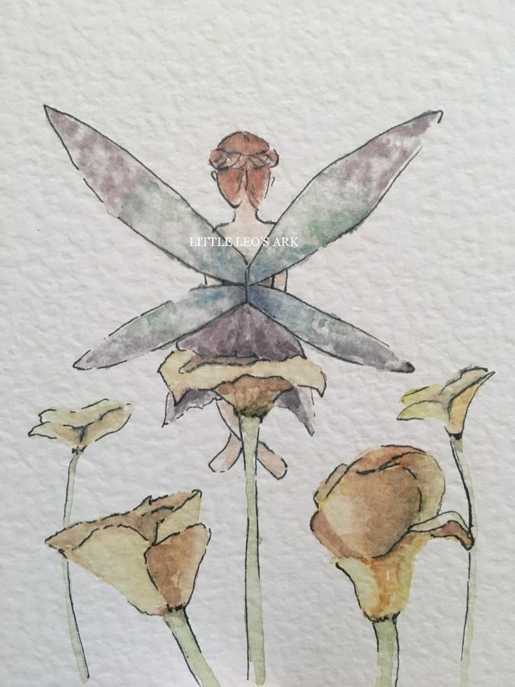 a watercolor painting of a fairy sitting on top of a flower with her wings outstretched