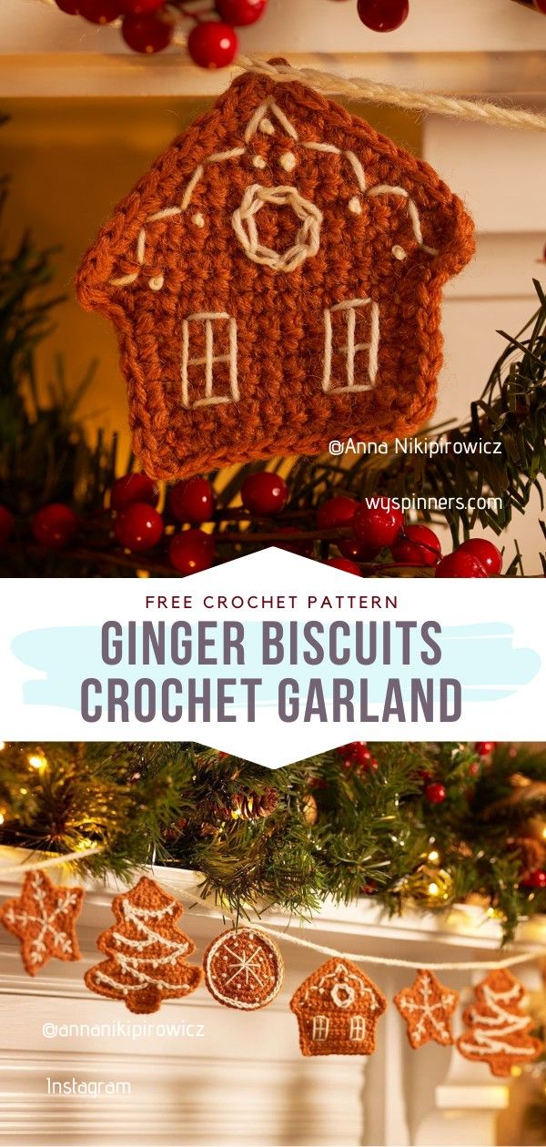 a crocheted ginger biscuits ornament hanging from a christmas tree