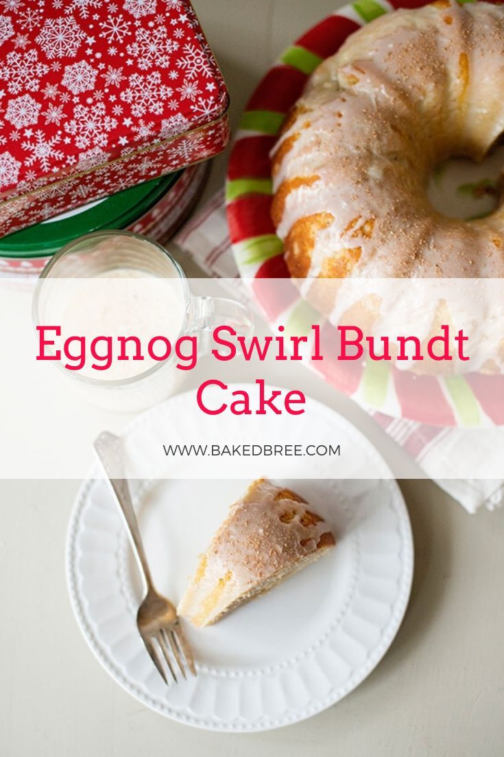 an eggnog swirl bundt cake on a plate with a fork next to it