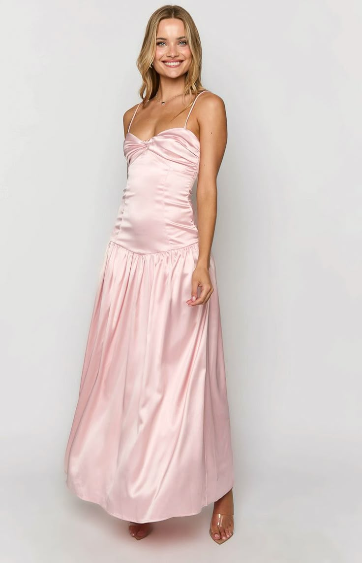 Light Pink Floor Length Dress, Prom Dresses Shopping, Love Shack Fancy Pink Dress, Simple Ball Dresses, Pale Pink Bridesmaid Dress, Dresses For Winter Dance, Blush Pink Satin Bridesmaid Dresses, Light Pink Formal Dress Long, Baby Pink Maxi Dress