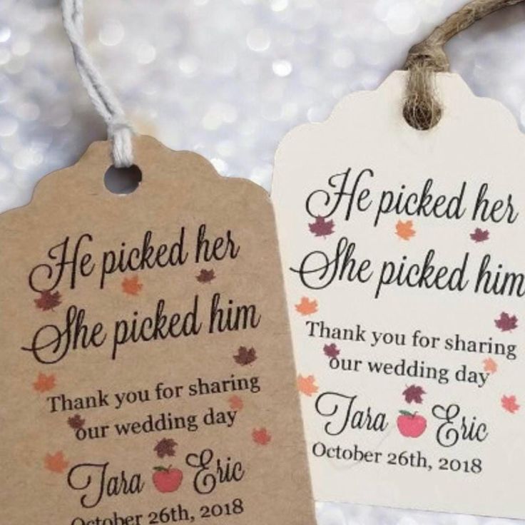 two wedding tags with the words he picked her and she picked him