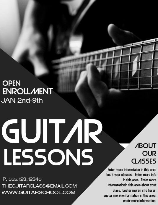 an advertisement for guitar lessons with the image of a man holding a guitar and playing it