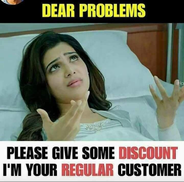 a woman laying in bed holding her hand up to the side with an ad on it that reads, dear problems please give some discount i'm'm your regular customer