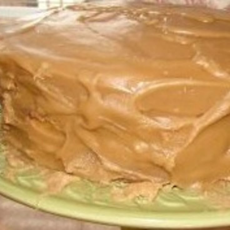 a chocolate cake with frosting sitting on top of a green plate in front of a window